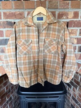 Pendleton Beige & Orange Plaid Wool button up shirt. Women’s Medium.